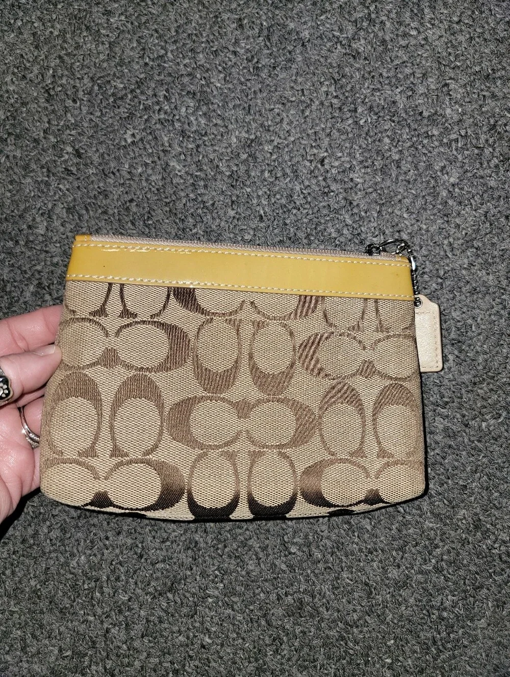Coach Signature Canvas Wristlet in Beige with Yellow Trim